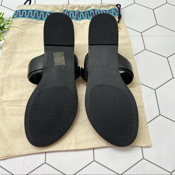 Tory Burch Marsden Flat Thong Sandal 7 black with gold buckle. - Picture 6 of 8